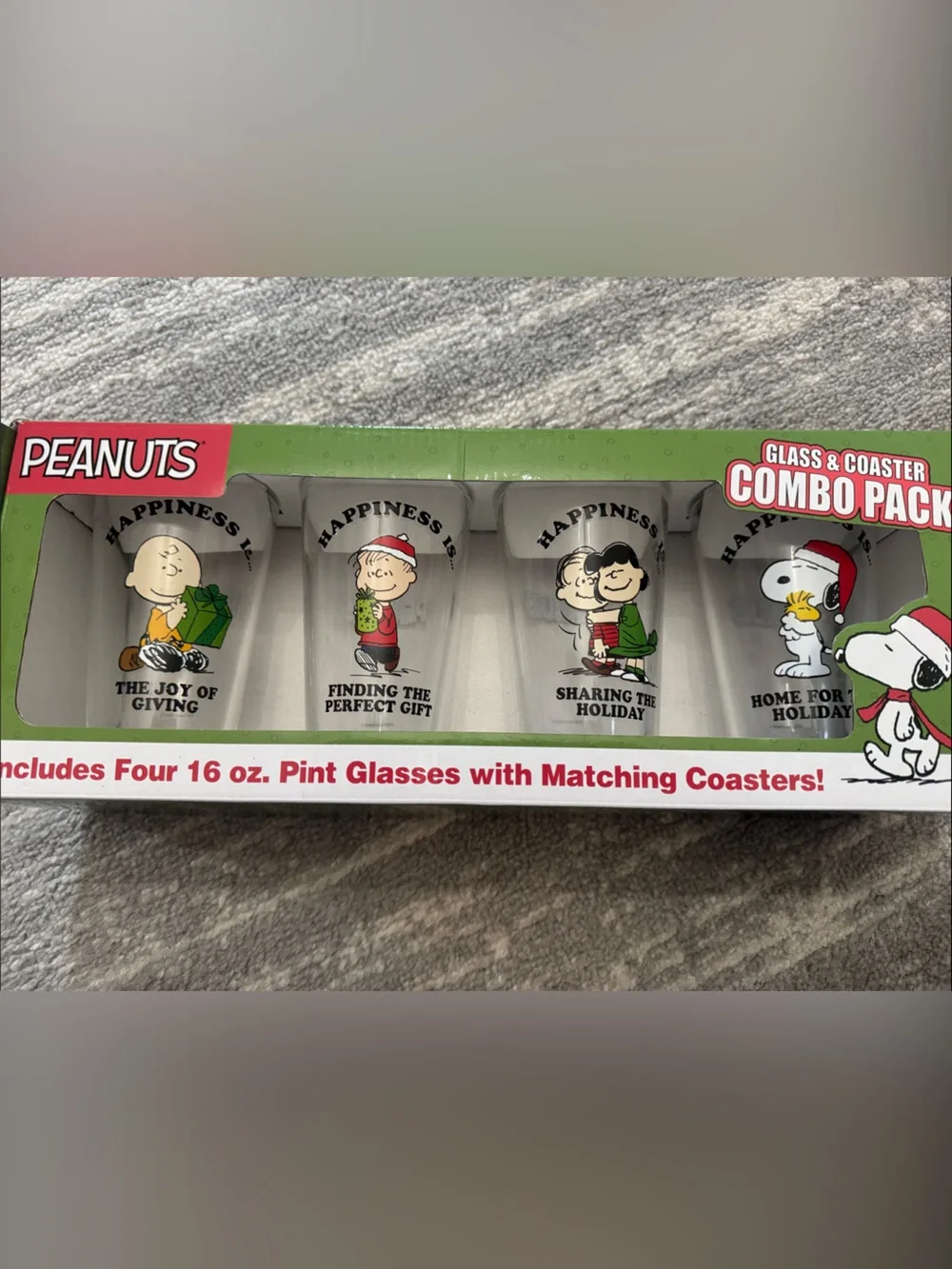 Peanuts Pint Glass Set with White Glasses and Green Box Accents